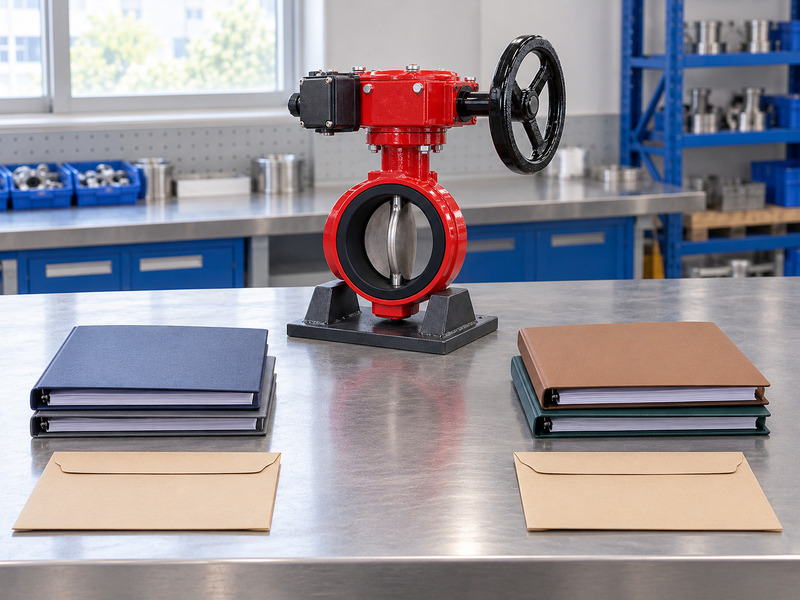 Illustrative butterfly valve with supervisory switch exporter document-version review, with a complete red valve behind two separate blank binder sets and blank envelopes.