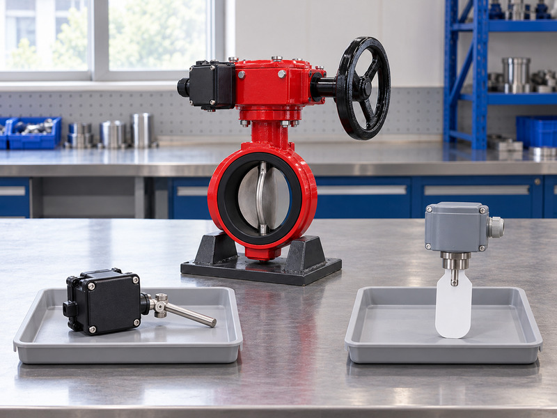 Illustrative butterfly valve with supervisory switch exporter terminology review, showing a closed rod-type position switch and a separate white-vane waterflow detector in individual trays before a complete red valve.