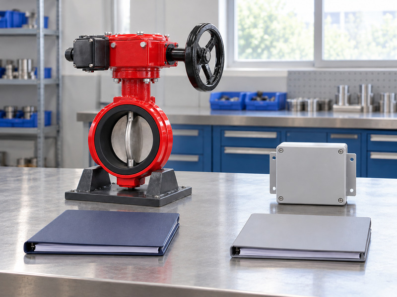 Illustrative butterfly valve with supervisory switch exporter specification review, with a complete red valve and a separate closed gray enclosure beside individual blank binders.