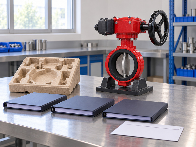Illustrative butterfly valve with supervisory switch exporter project-evidence review scene with a complete red valve, three blank binders, an empty molded packing tray, and a blank envelope.