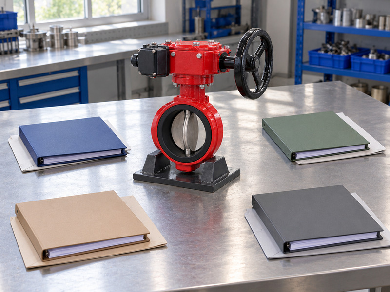 Illustrative butterfly valve with supervisory switch exporter document-owner coordination scene showing a complete red valve centered among four separate blank binder-and-paper sets.