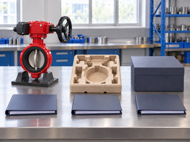 Illustrative butterfly valve with supervisory switch exporter release-stage review with a complete red valve, an empty molded packing tray, a closed blank document box, and three separate blank binders.