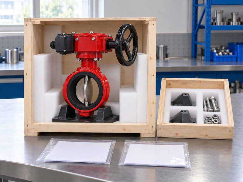 Illustrative butterfly valve with supervisory switch exporter packing review, with a complete red valve in a foam-lined wooden crate, a separate divided hardware crate, and two blank document sleeves.