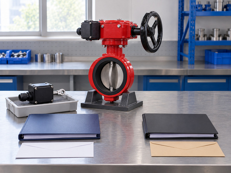 Illustrative butterfly valve with supervisory switch exporter change-review scene showing a separate closed rod-type switch in a padded tray before a complete red valve, with paired blank binders and envelopes.