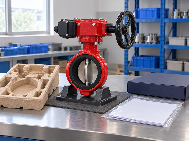 Illustrative butterfly valve with supervisory switch exporter receiving-review scene with a complete red valve on a padded support, an empty molded packing tray, a closed blank document box, and a clear sleeve of blank papers.