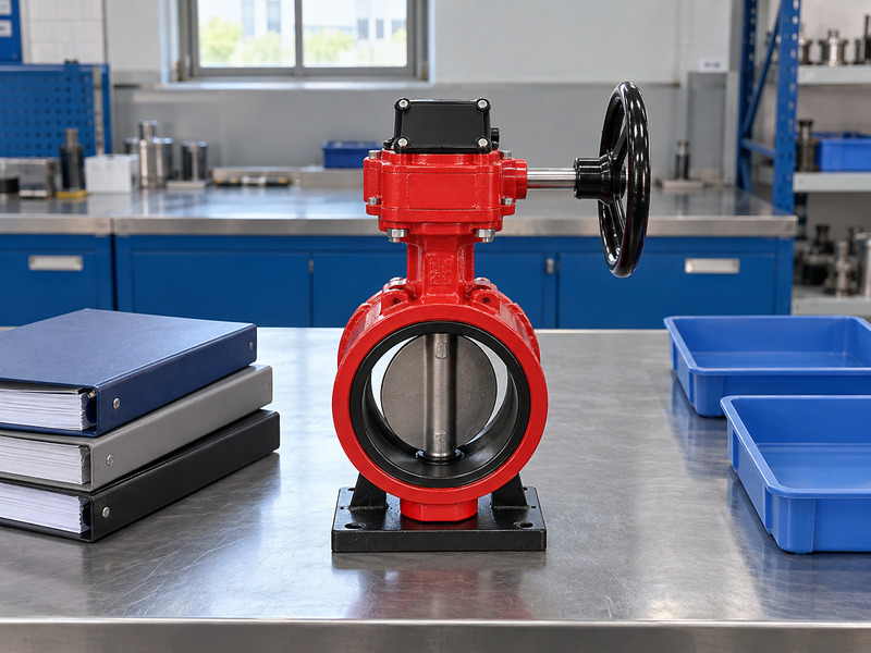 Illustrative butterfly valve with supervisory switch factory inspection-plan review layout with a complete closed-housing valve, three blank binders, and empty receiving trays.