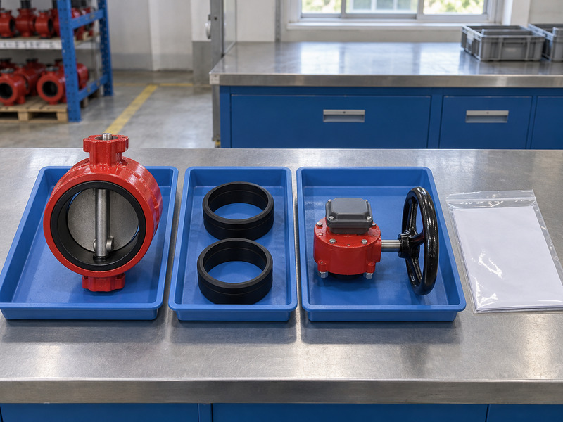 Illustrative butterfly valve with supervisory switch factory receiving-review layout with a valve body, two seat rings, a separate closed operator assembly, and a blank document sleeve.