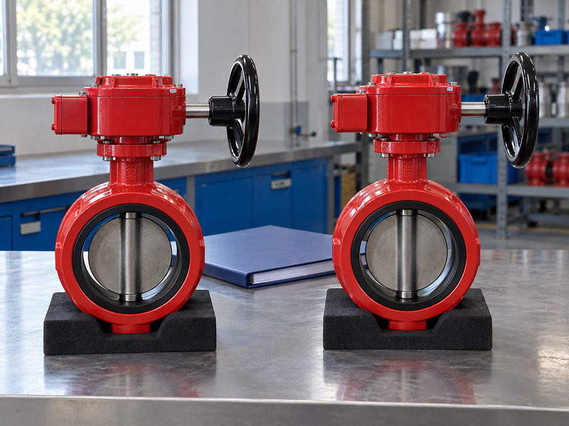 Illustrative butterfly valve with supervisory switch factory assembly-review scene with two complete closed-housing valves on separate padded supports and a blank binder.