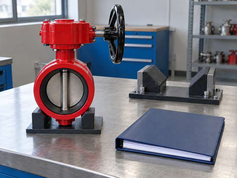 Illustrative butterfly valve with supervisory switch factory record-review scene with a complete valve beside an empty dry mechanical support fixture and a blank closed binder.