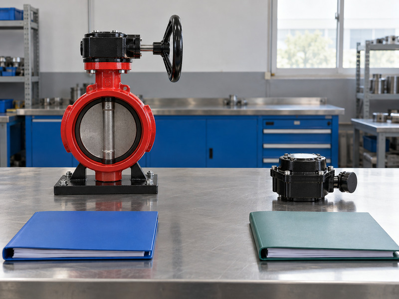 Illustrative butterfly valve with supervisory switch factory record-review layout with a complete valve, a separate closed accessory housing, and two distinct blank binders.