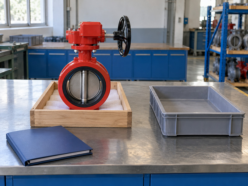 Illustrative butterfly valve with supervisory switch factory segregation-review layout with a complete valve in a padded wooden container beside an empty production tray and a blank binder.