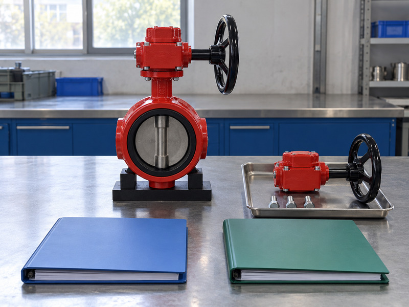 Illustrative butterfly valve with supervisory switch factory correction-record review layout with a complete valve, a separate closed gear assembly and fasteners, and two blank binders.