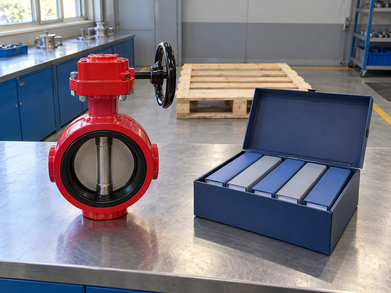 Illustrative butterfly valve with supervisory switch factory document-pack review scene with a complete valve, an open case of blank binders, and an empty wooden pallet.
