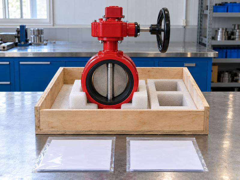 Illustrative butterfly valve with supervisory switch factory packaging-review scene with a complete valve in foam supports, empty accessory compartments, and two blank document sleeves.