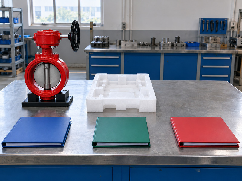 Illustrative butterfly valve with supervisory switch factory evidence-handover layout with a complete valve, an empty protective packing tray, and three separate blank colored binders.