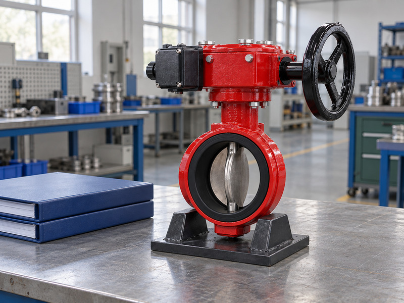 Illustrative butterfly valve with supervisory switch manufacturer review scene with a complete butterfly valve, closed monitoring enclosure, handwheel, and blank folders.
