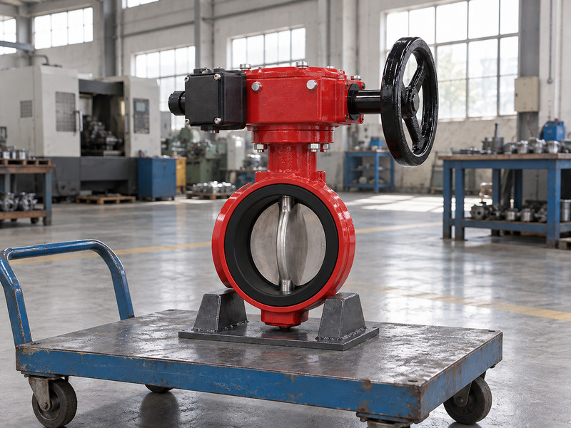 Illustrative butterfly valve with supervisory switch manufacturer workshop scene with a complete butterfly valve on a foreground trolley.