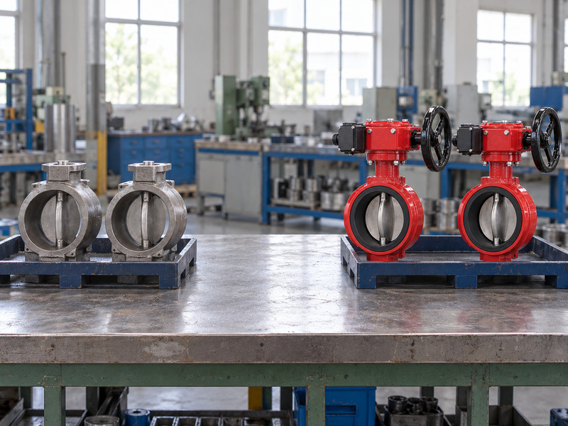 Illustrative butterfly valve with supervisory switch manufacturer process comparison with unpainted body-and-disc subassemblies on the left and complete valves on the right.