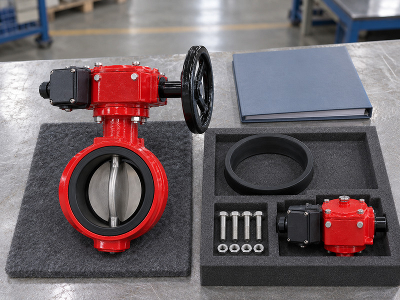 Illustrative butterfly valve with supervisory switch manufacturer configuration review with a complete valve, separate seat ring, fasteners, enclosed gear unit, and blank folder.