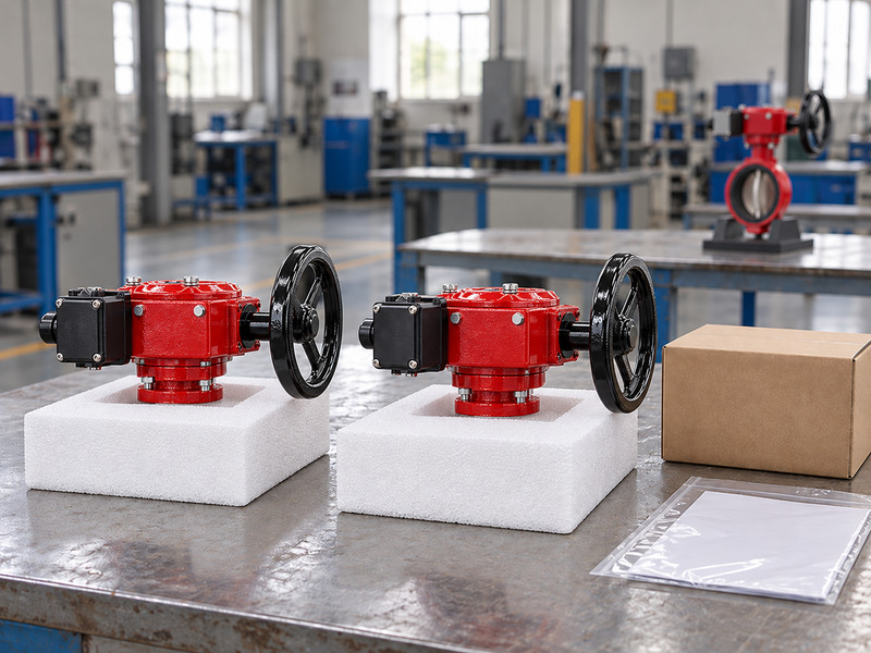 Illustrative butterfly valve with supervisory switch manufacturer receiving review with two closed gear-switch assemblies in separate foam supports and a complete valve in the background.