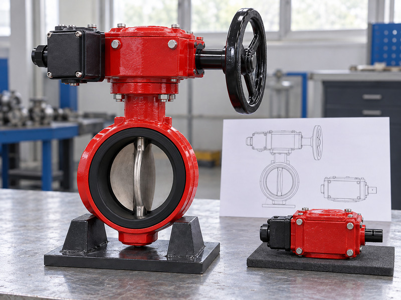 Illustrative butterfly valve with supervisory switch manufacturer interface review with a complete valve, separate closed gear unit, and unlabelled mechanical outline sheet.