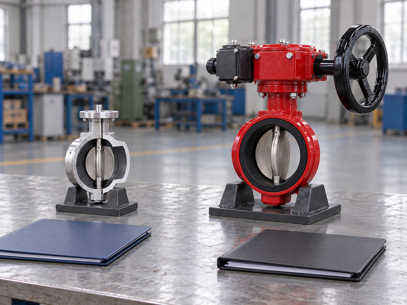 Illustrative butterfly valve with supervisory switch manufacturer evidence review with a cutaway butterfly valve sample and a complete valve on separate supports beside blank folders.
