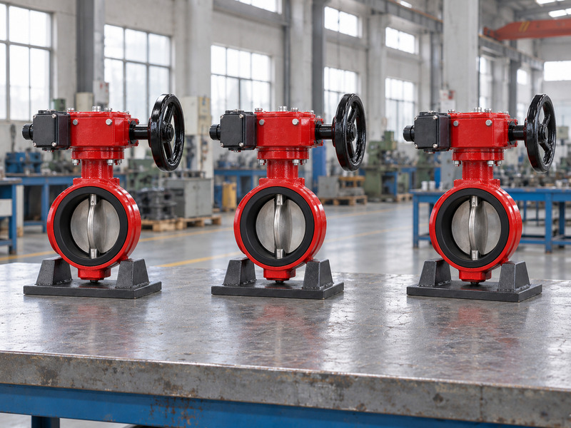 Illustrative butterfly valve with supervisory switch manufacturer batch review with three complete valves in separate supported positions.
