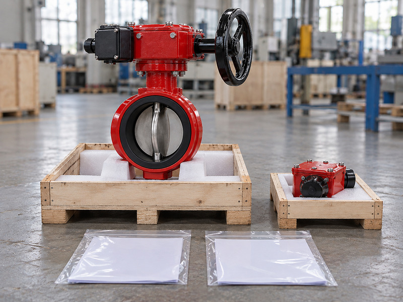 Illustrative butterfly valve with supervisory switch manufacturer package review with a complete valve, separately padded enclosed gear unit, and sealed blank document sleeves.