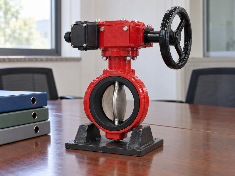 Illustrative butterfly valve with supervisory switch manufacturer consultation setting with a complete valve on a meeting table beside blank folders.