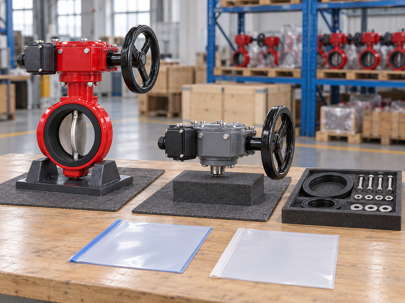 Illustrative supply-scope review for a butterfly valve with supervisory switch supplier, with a complete valve, a separate closed gear-switch unit with handwheel, an accessory tray, and blank document sleeves.