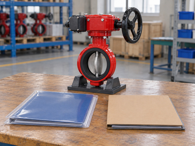 Illustrative document-provenance review for a butterfly valve with supervisory switch supplier, showing a complete supported valve behind a blue folder in a clear sleeve and a separate blank tan folder.