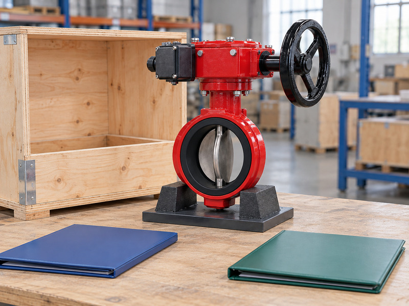 Illustrative supply and product-evidence review for a butterfly valve with supervisory switch supplier, with a complete valve in a foam cradle beside an open wooden crate and separate blank blue and green folders.