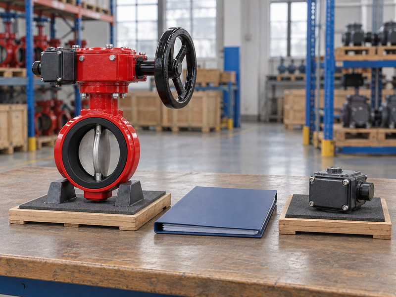 Illustrative candidate-parts review for a butterfly valve with supervisory switch supplier, showing a complete valve and a separate closed candidate switch enclosure on padded trays with a blank blue folder between them.