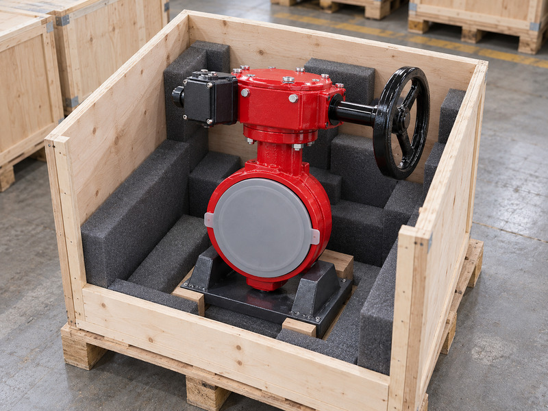 Illustrative packaging review for a butterfly valve with supervisory switch supplier, showing a complete valve with a capped face secured in a foam-lined wooden crate with clearance around the handwheel.