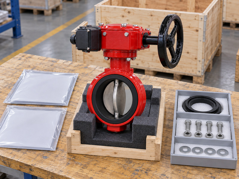Illustrative receiving review for a butterfly valve with supervisory switch supplier, with a complete valve in a padded tray, separate gasket and fastener compartments, two blank document sleeves, and an open wooden crate.
