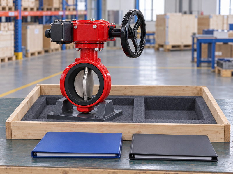 Illustrative pending receiving review for a butterfly valve with supervisory switch supplier, showing a complete valve in a padded wooden bay beside an empty accessory compartment and two blank folders.