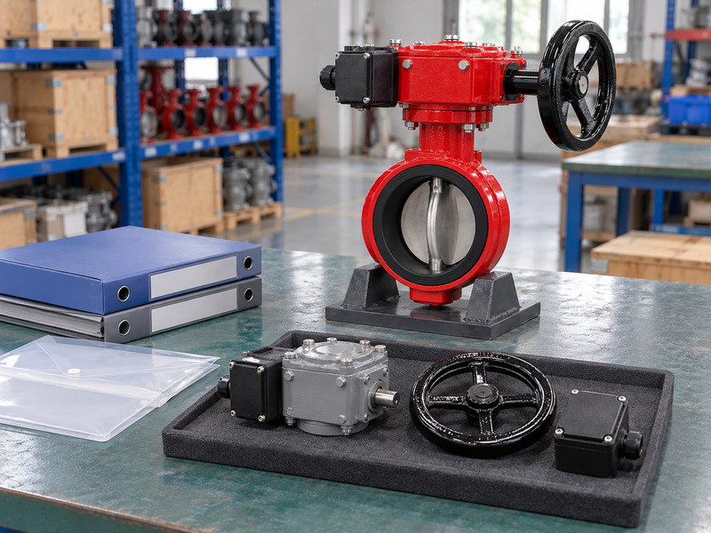 Illustrative after-sales parts review for a butterfly valve with supervisory switch supplier, with a complete valve behind a tray holding a closed gray gearbox, a detached handwheel and a separate switch enclosure beside blank binders and document sleeves.