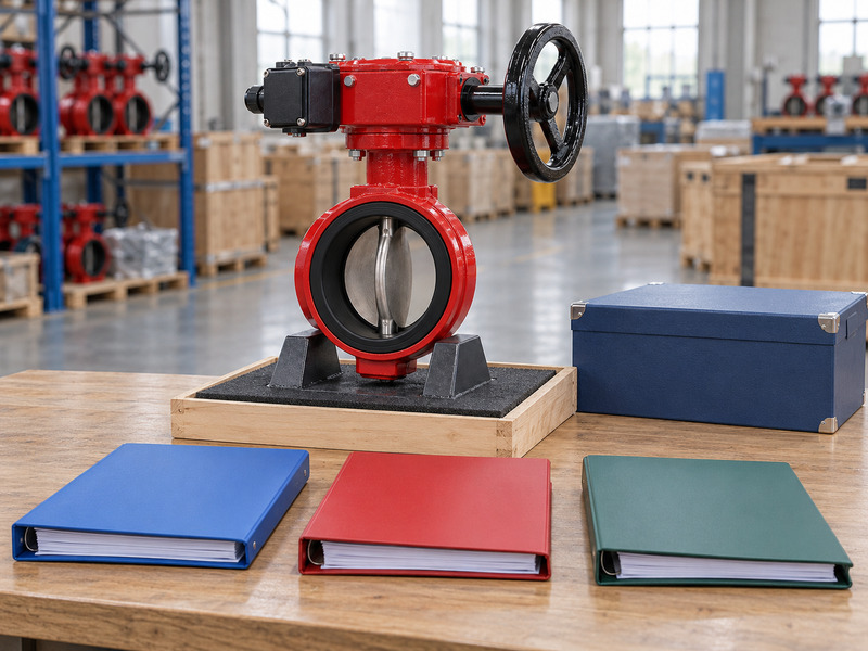 Illustrative handover-package review for a butterfly valve with supervisory switch supplier, with a complete valve in a padded wooden tray, three separate blank colored binders, and a closed blue document box.