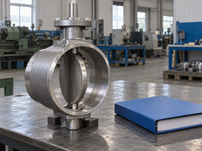 Illustrative bw type metal to metal seated butterfly valve manufacturer drawing review with an unconnected plain-ended valve, a partly open metal disc, and a closed plain folder.