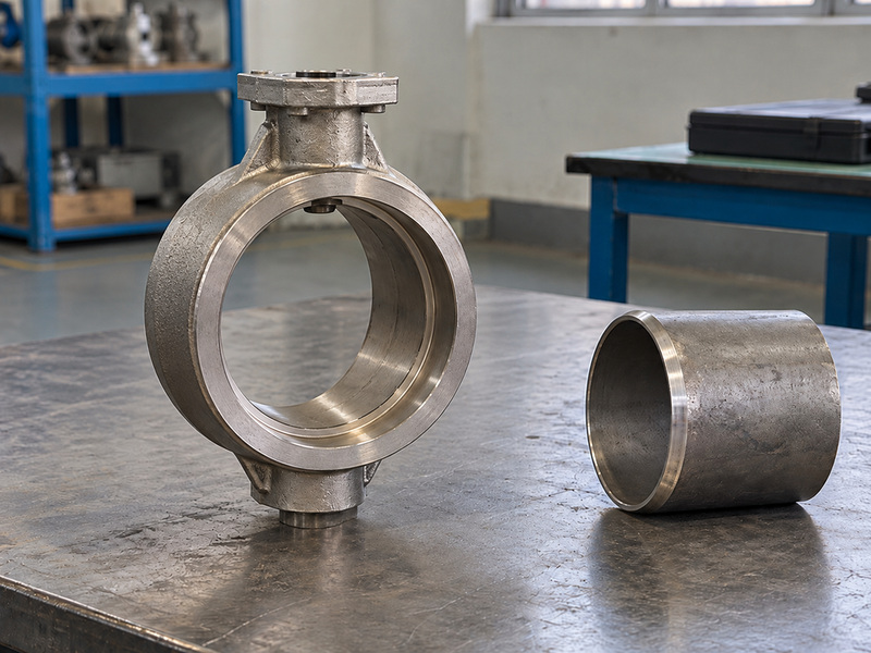 Illustrative bw type metal to metal seated butterfly valve manufacturer interface-identification review with an empty plain-ended valve body and a separate short beveled pipe sample.