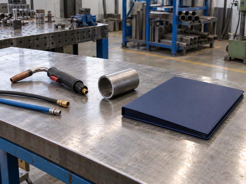 Illustrative bw type metal to metal seated butterfly valve manufacturer procedure review with a disconnected welding torch, unmarked loose hose ends, a separate pipe sample, and a closed plain folder.