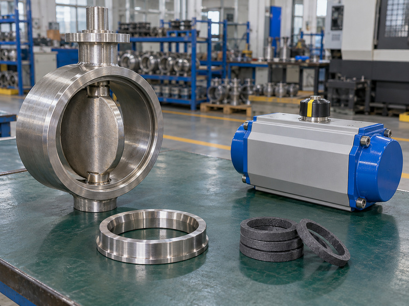 Illustrative bw type metal to metal seated butterfly valve manufacturer heat-exposure review with a static valve, a separate metal ring, dark packing rings, and an unconnected actuator.