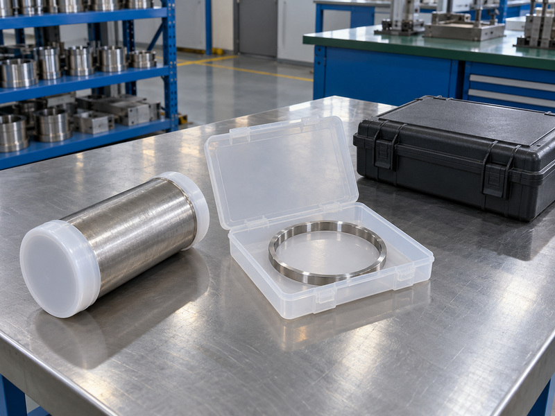 Illustrative bw type metal to metal seated butterfly valve manufacturer cleanliness review with a capped pipe sample, a metal ring in an open protective box, and a closed instrument case at the side of the bench.