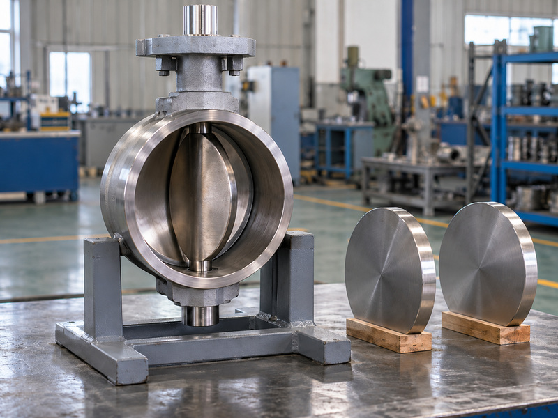 Illustrative bw type metal to metal seated butterfly valve manufacturer acceptance-planning review with an unmarked plain-ended valve on a stable support and two detached blanking discs.