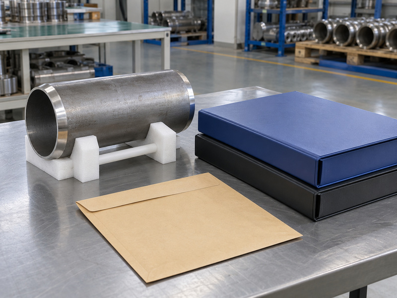 Illustrative bw type metal to metal seated butterfly valve manufacturer handover review with a protected beveled pipe sample, two stacked closed plain folders, and a blank document envelope.
