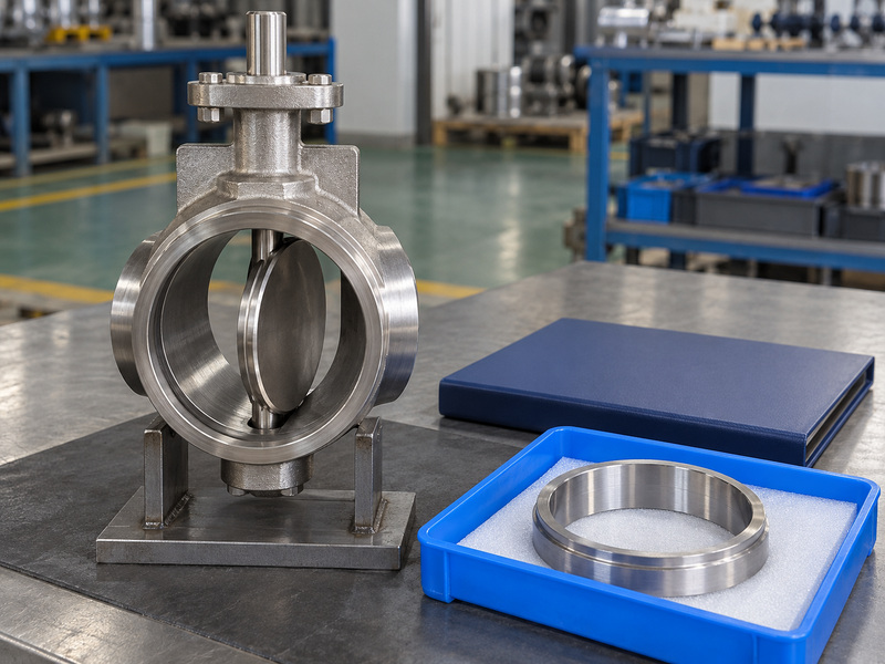 Illustrative bw type metal to metal seated butterfly valve manufacturer purchase review with a partly open plain-ended valve on a support, a protected metal ring, and a closed plain folder.