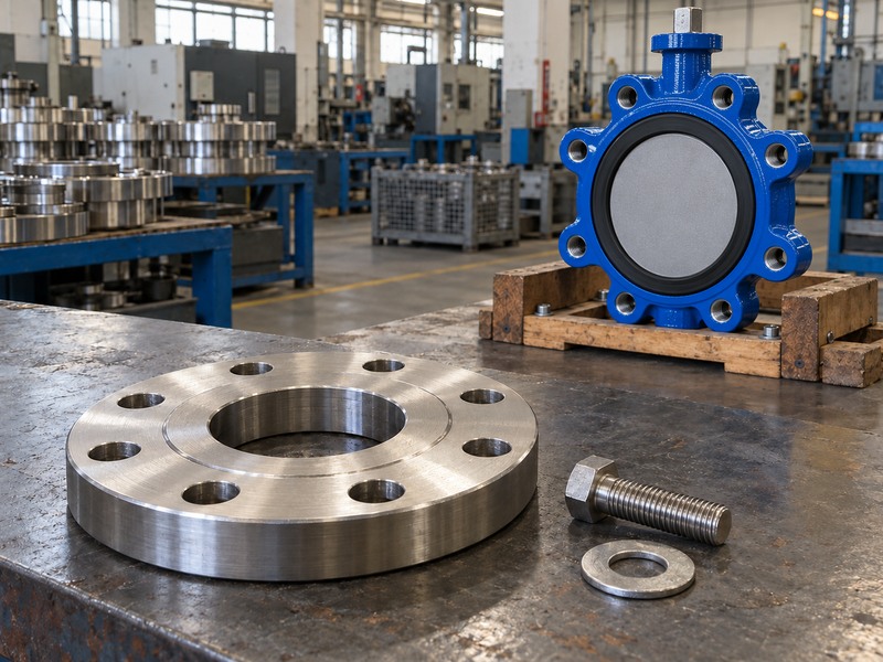 Separate steel flange, screw and washer with a protected lug valve behind
