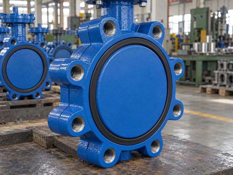 Lug bosses around a protected blue butterfly valve