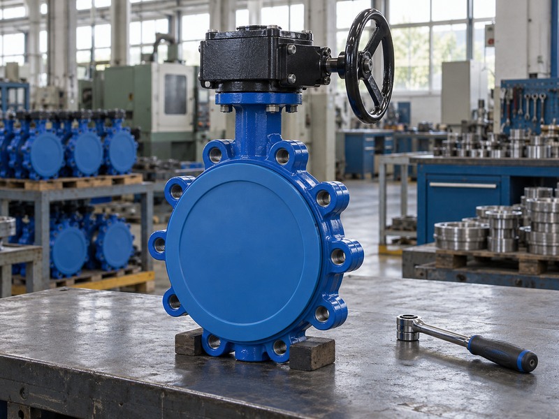 Protected gear-operated lug valve beside a socket wrench