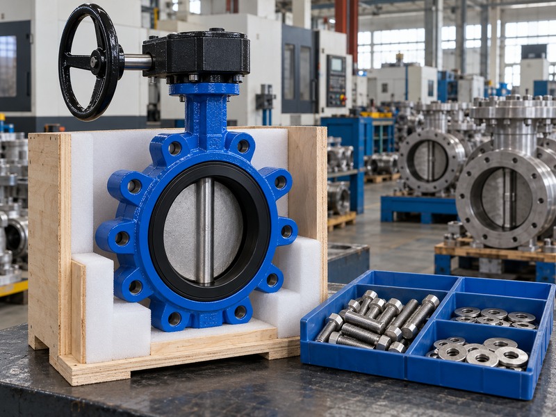 Gear-operated lug valve in a cradle beside a fastener tray